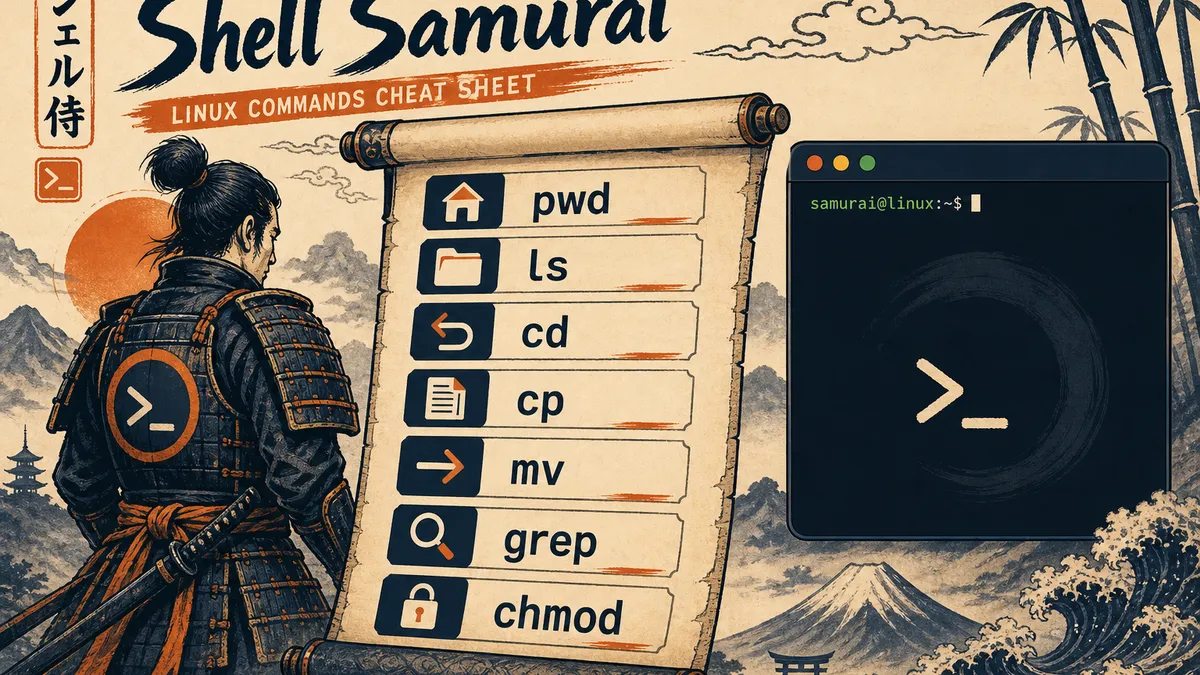 A Shell Samurai themed Linux commands cheat sheet scroll beside a terminal