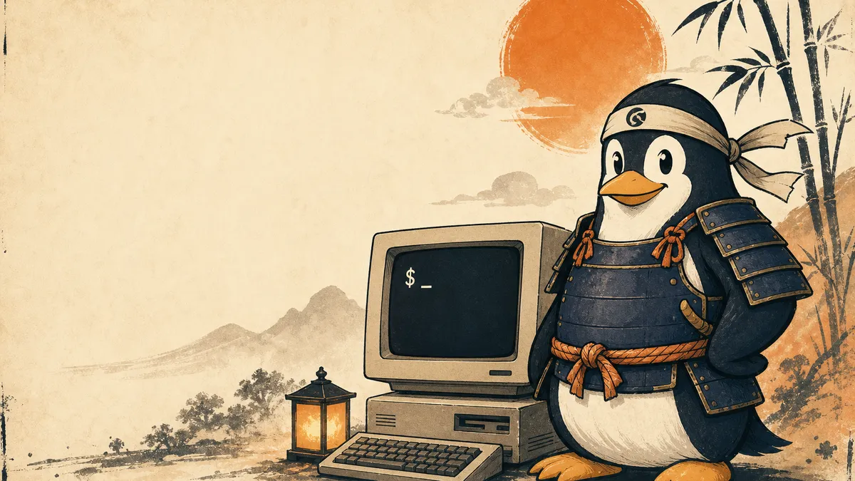 A Shell Samurai themed illustration of a samurai Linux penguin beside a vintage terminal