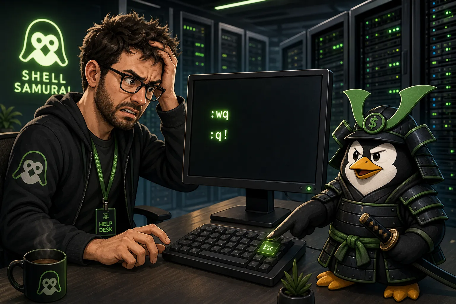 A Shell Samurai themed illustration of a Vim terminal showing :q! and an Esc key beside a samurai Linux penguin