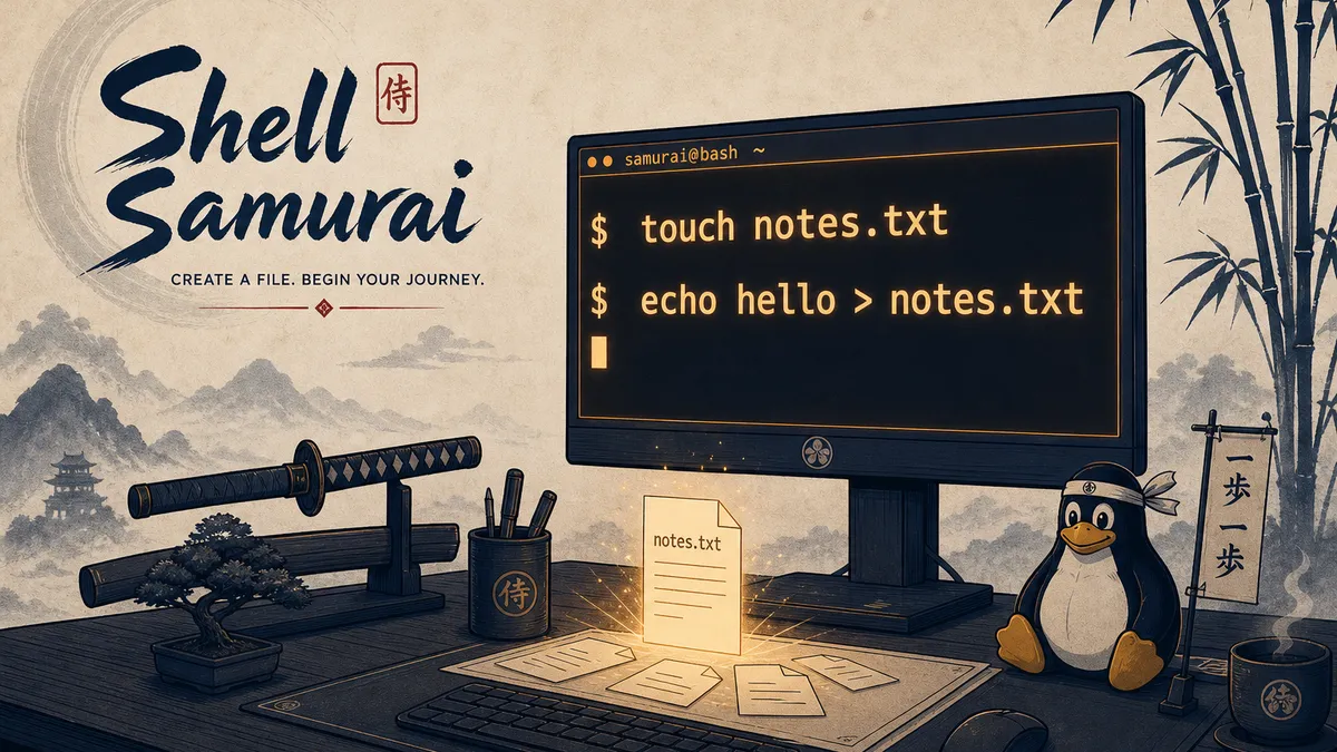 A Shell Samurai themed illustration of a terminal creating a notes.txt file with touch and echo commands