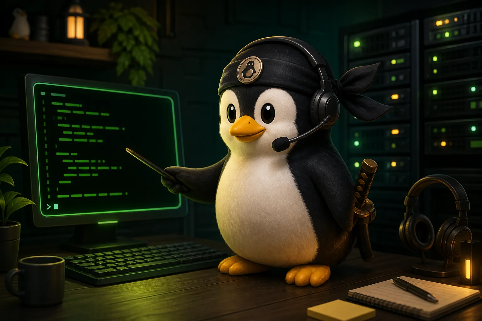 A friendly penguin samurai at a Linux terminal with a help desk headset and server rack in the background