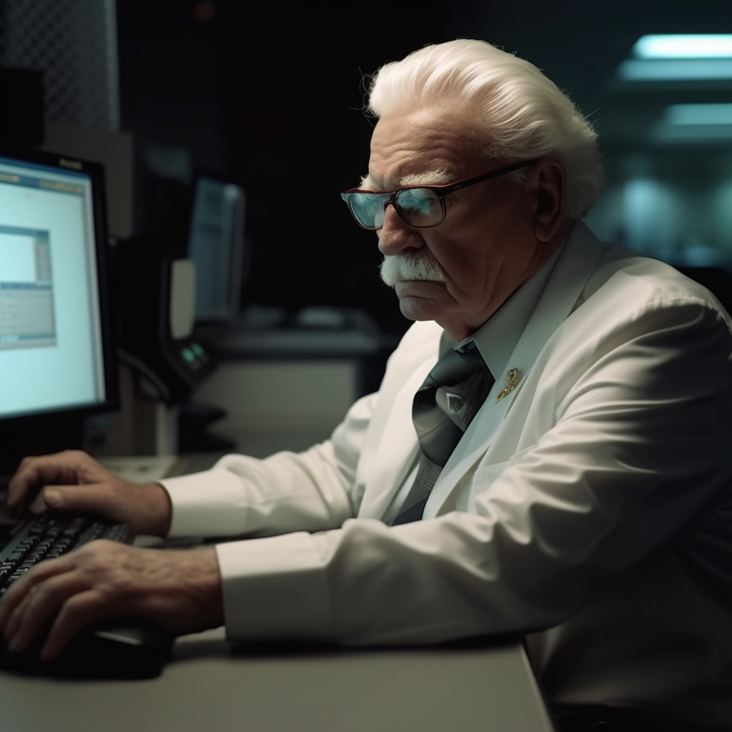 Colonel Sanders using a computer